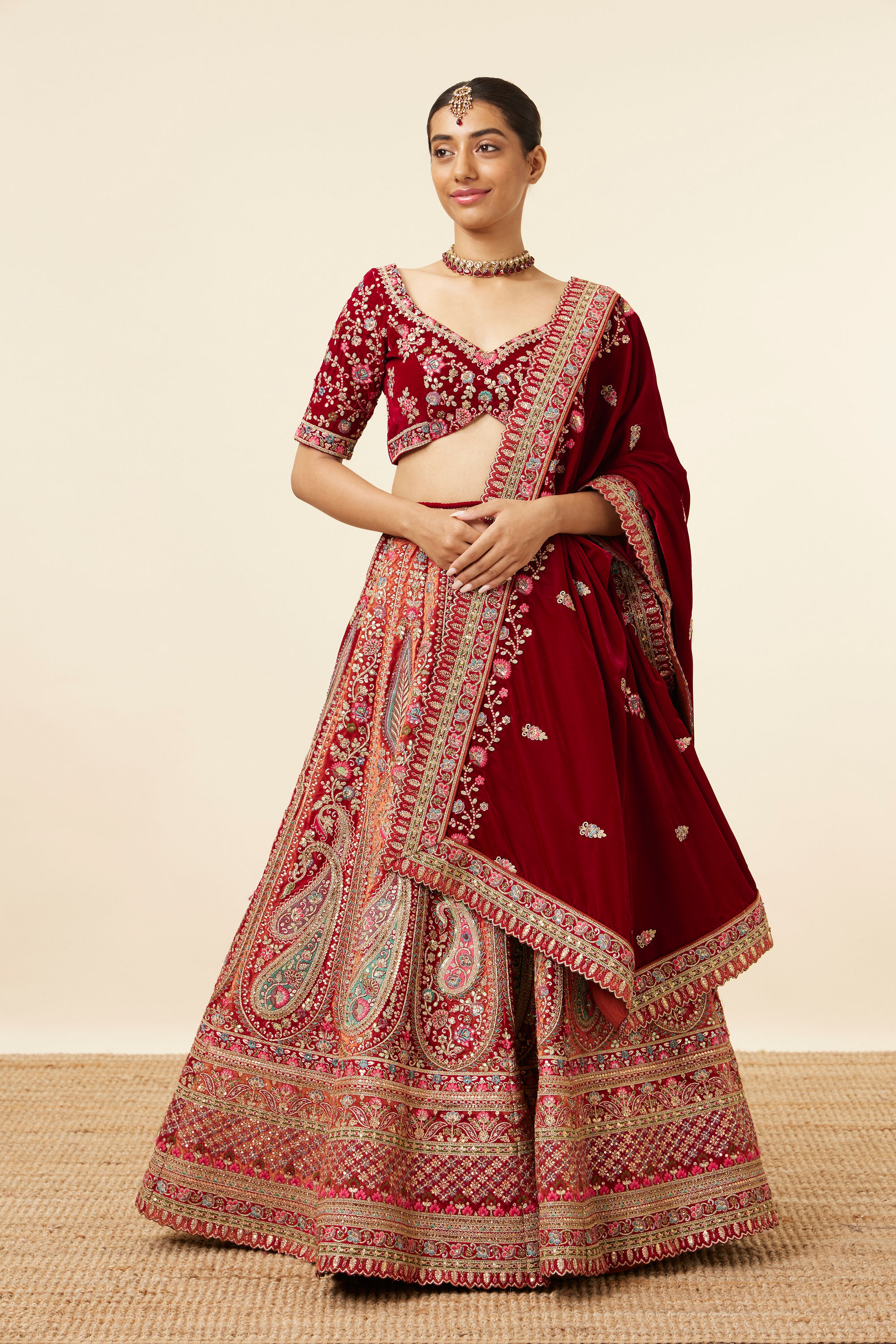 Mohey Women Mustard Red Embroidered Bridal Lehenga