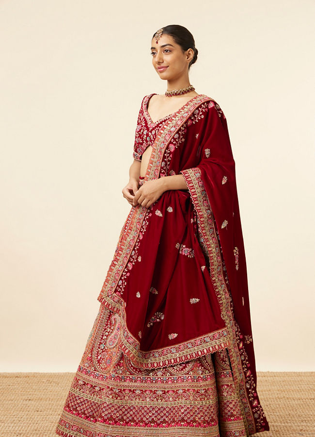 Mohey Women Mustard Red Embroidered Bridal Lehenga
