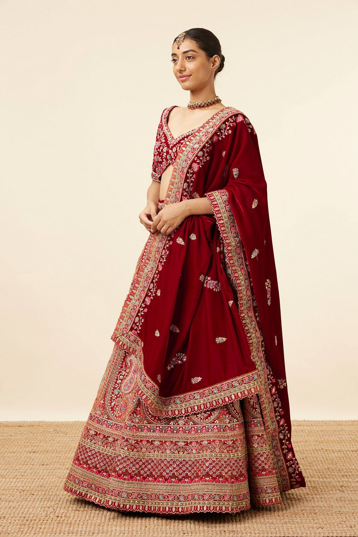 Mohey Women Mustard Red Embroidered Bridal Lehenga
