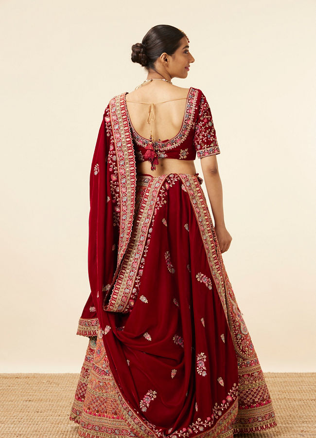 Mohey Women Mustard Red Embroidered Bridal Lehenga