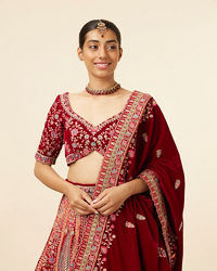 Mohey Women Mustard Red Embroidered Bridal Lehenga