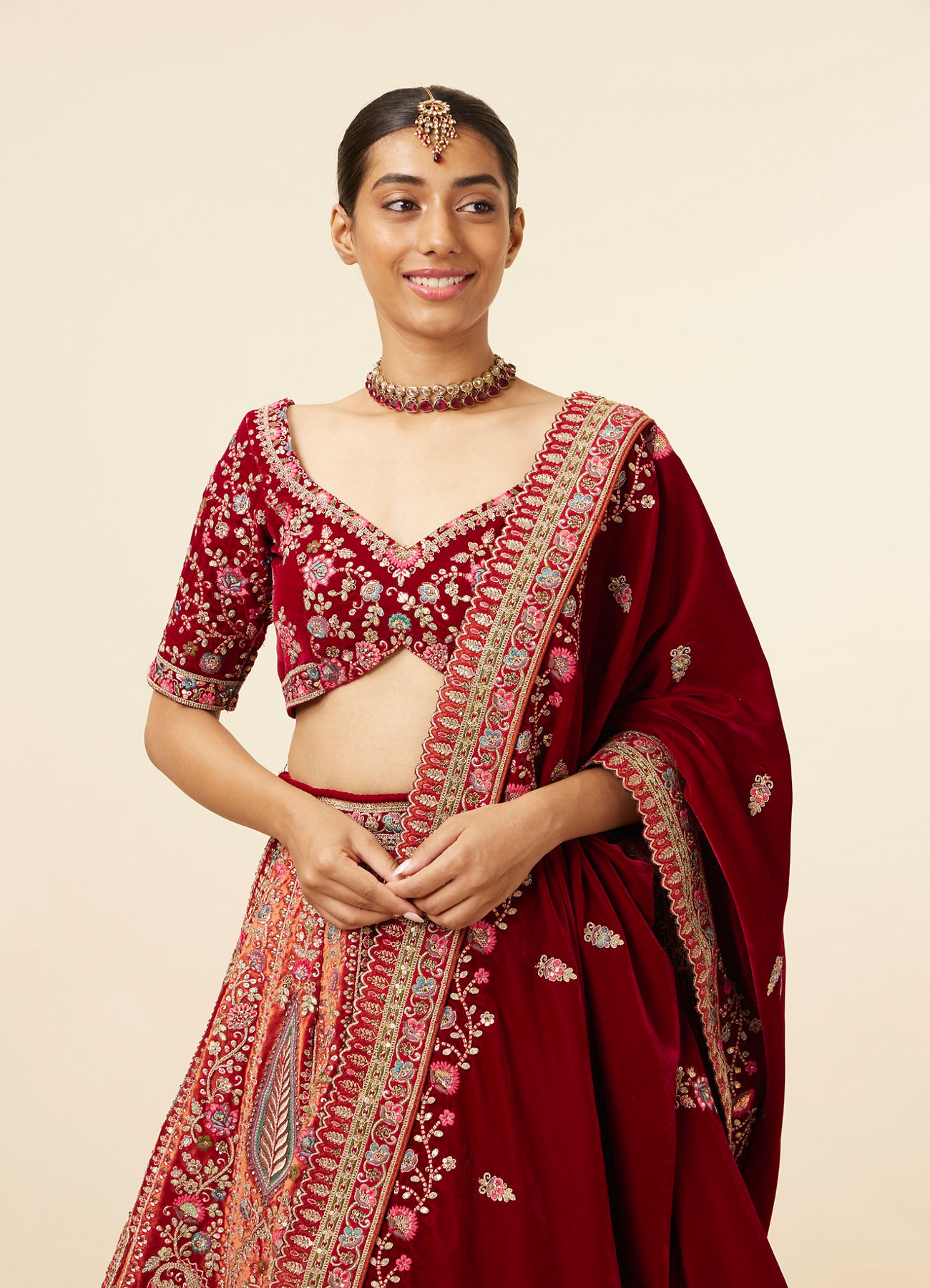 Mohey Women Mustard Red Embroidered Bridal Lehenga