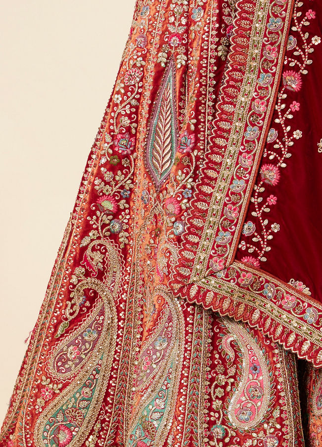 Mohey Women Mustard Red Embroidered Bridal Lehenga