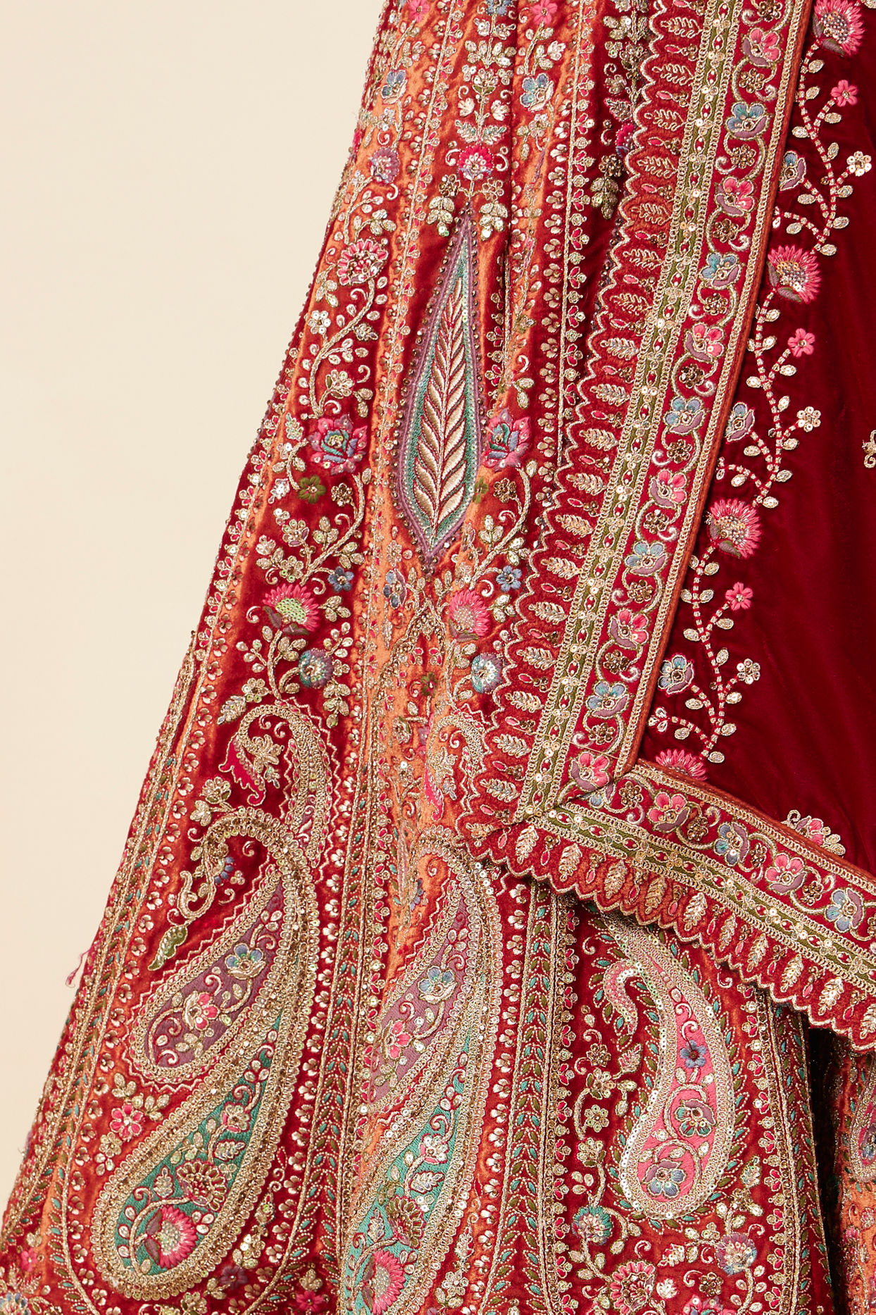 Mohey Women Mustard Red Embroidered Bridal Lehenga