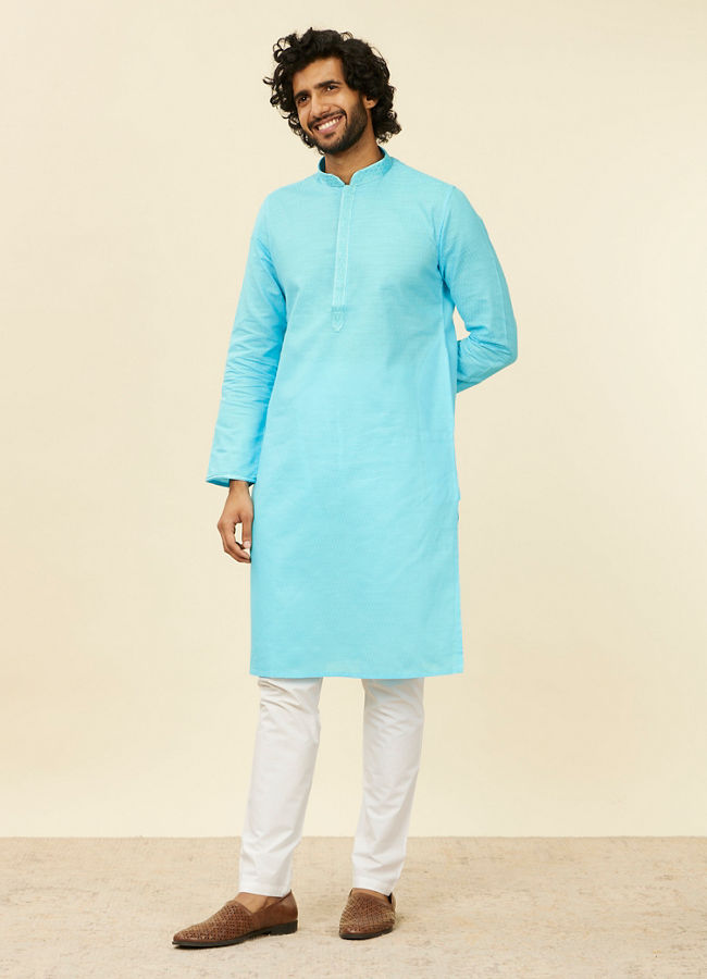 alt message - Manyavar Men Ocean Blue Self Design Kurta Set image number 2