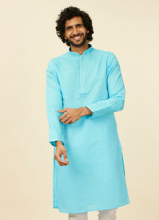 alt message - Manyavar Men Ocean Blue Self Design Kurta Set image number 0