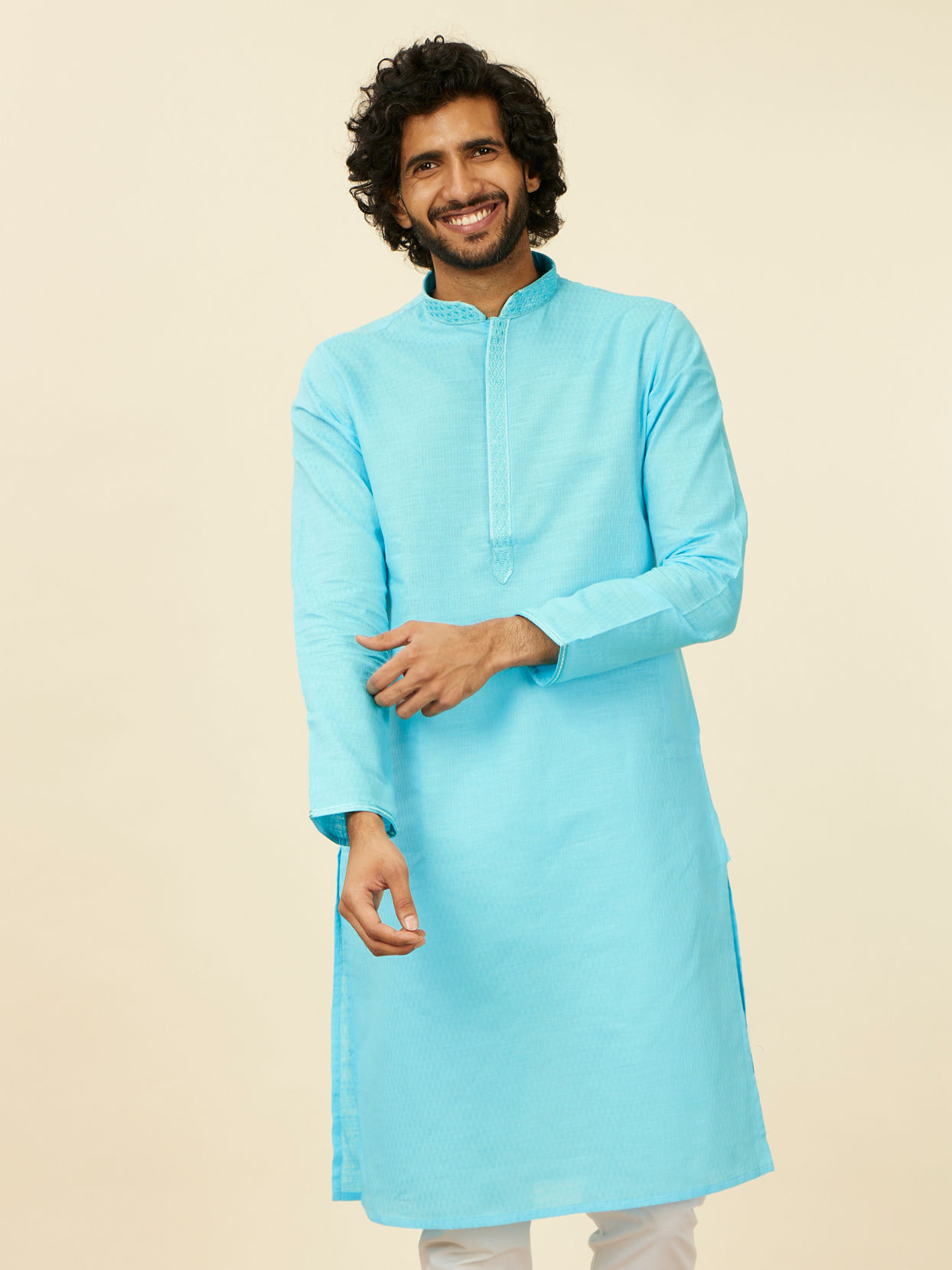 alt message - Manyavar Men Ocean Blue Self Design Kurta Set image number 0