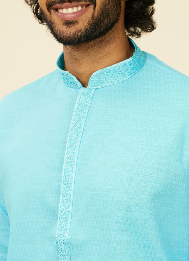 alt message - Manyavar Men Ocean Blue Self Design Kurta Set image number 1