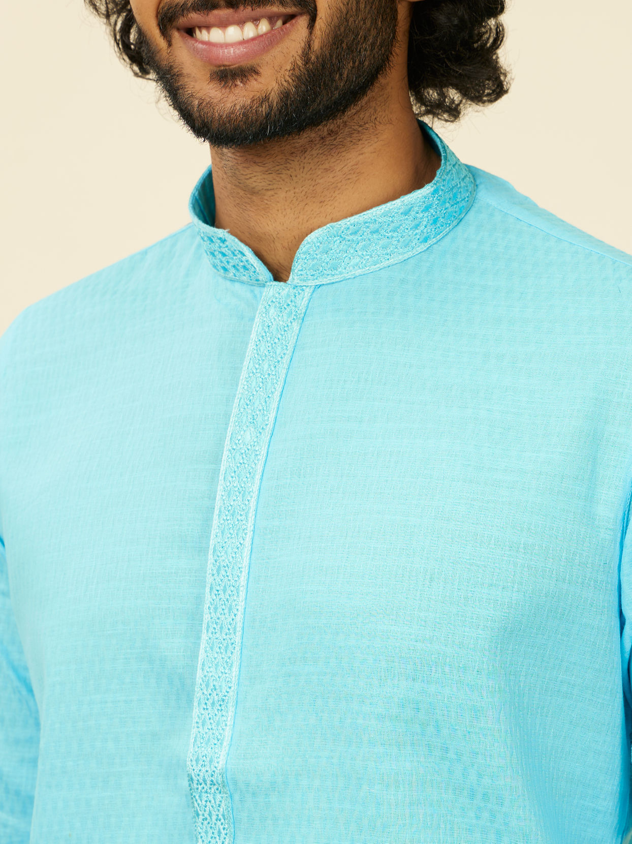 alt message - Manyavar Men Ocean Blue Self Design Kurta Set image number 1