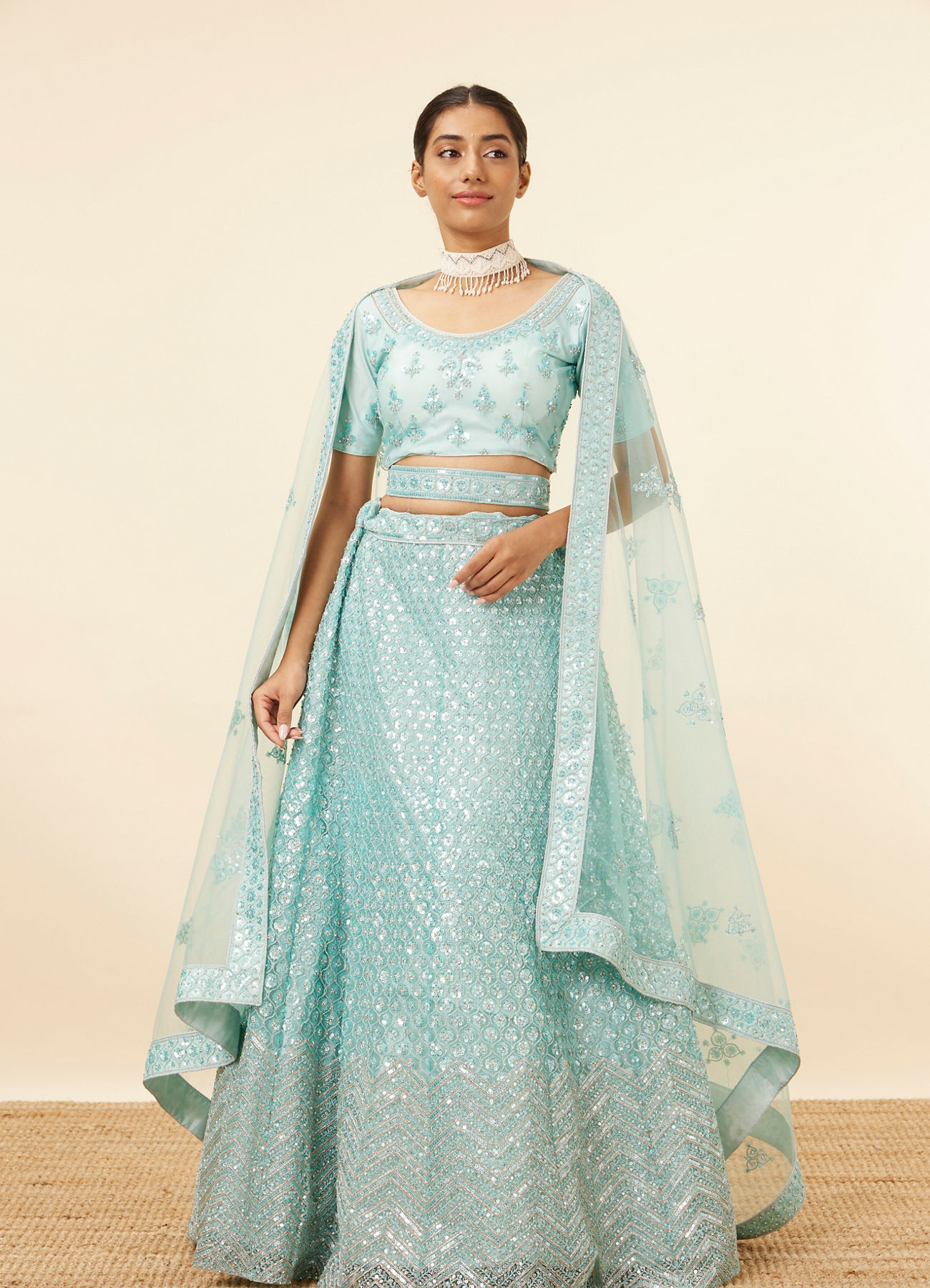 Mohey Women Light Blue Embellished Lehenga