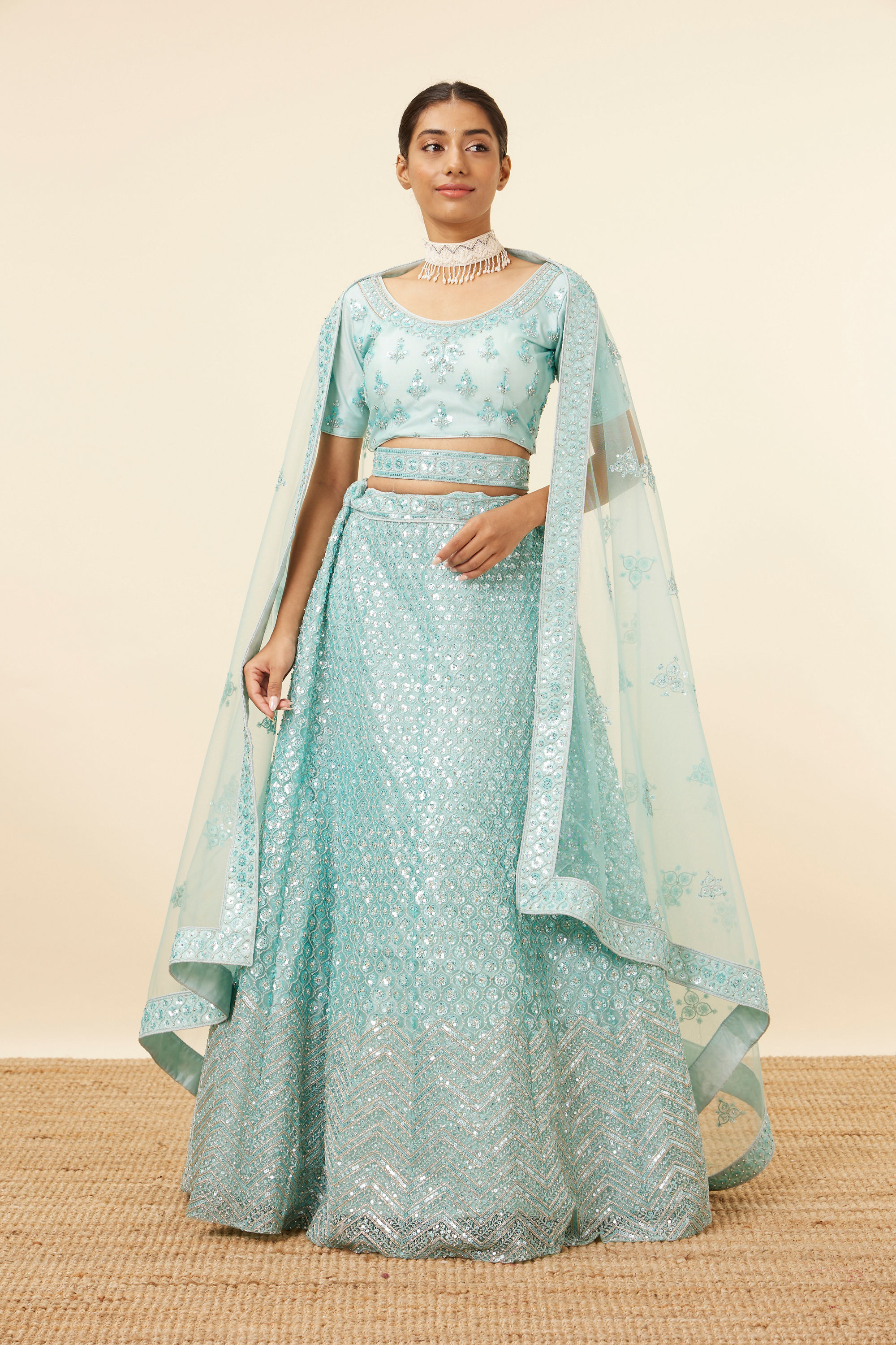 Mohey Women Light Blue Embellished Lehenga