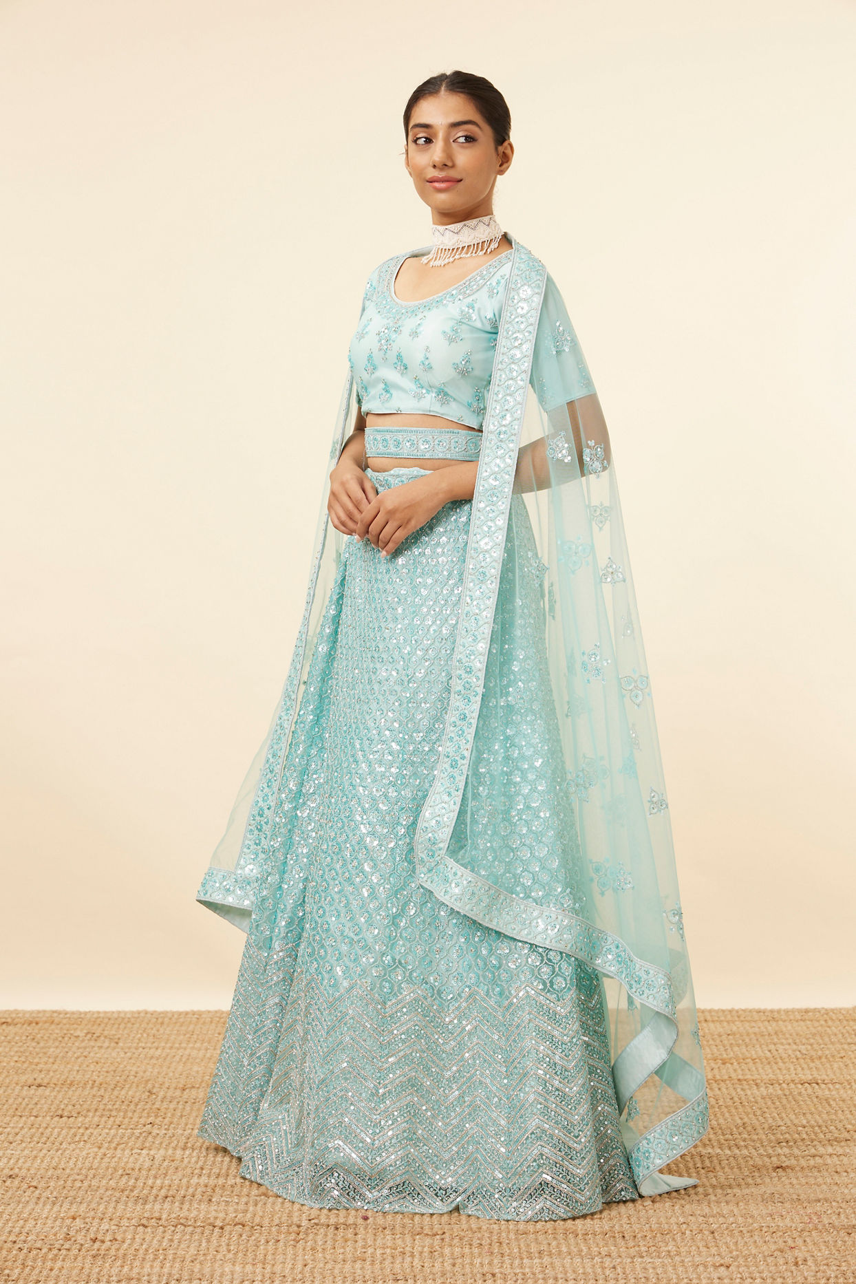 Mohey Women Light Blue Embellished Lehenga