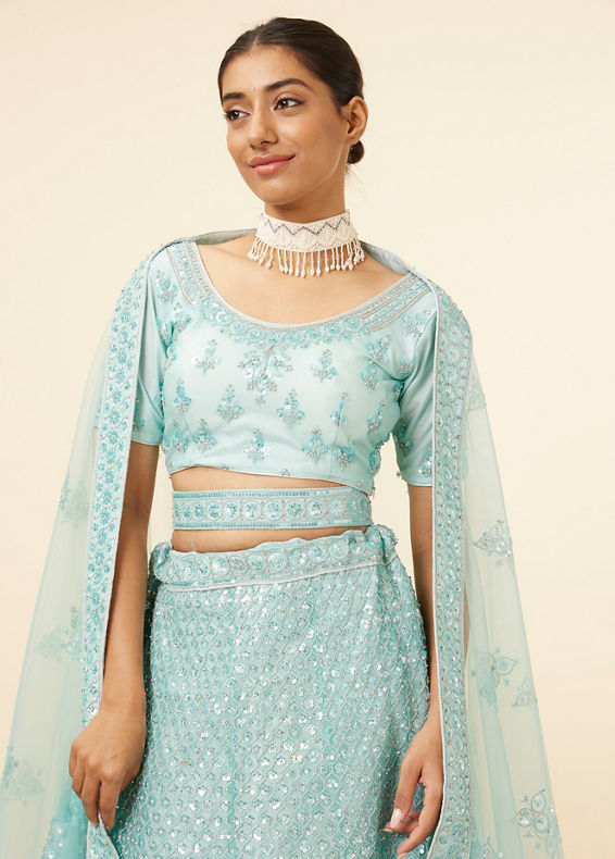 Mohey Women Light Blue Embellished Lehenga