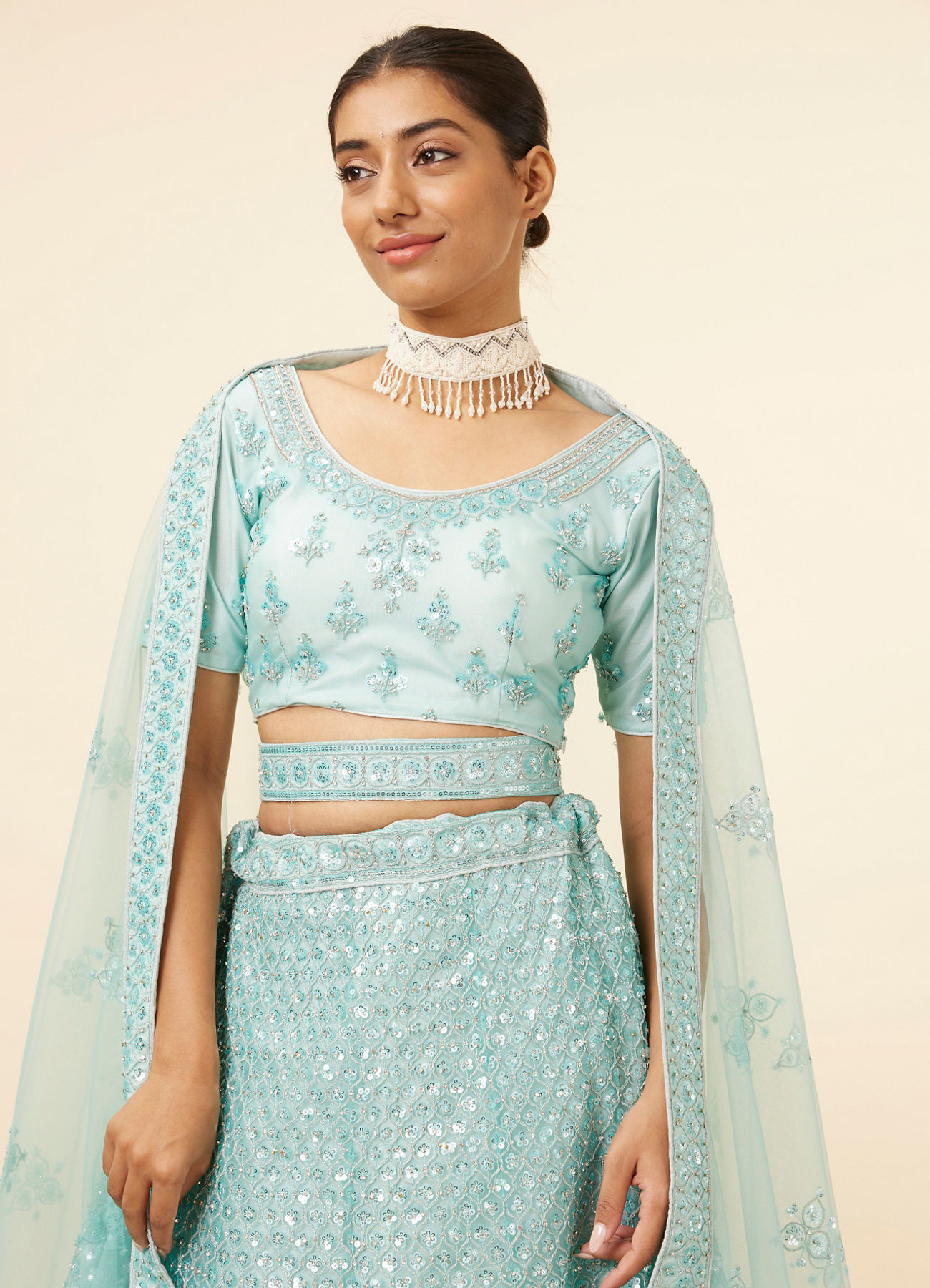 Mohey Women Light Blue Embellished Lehenga