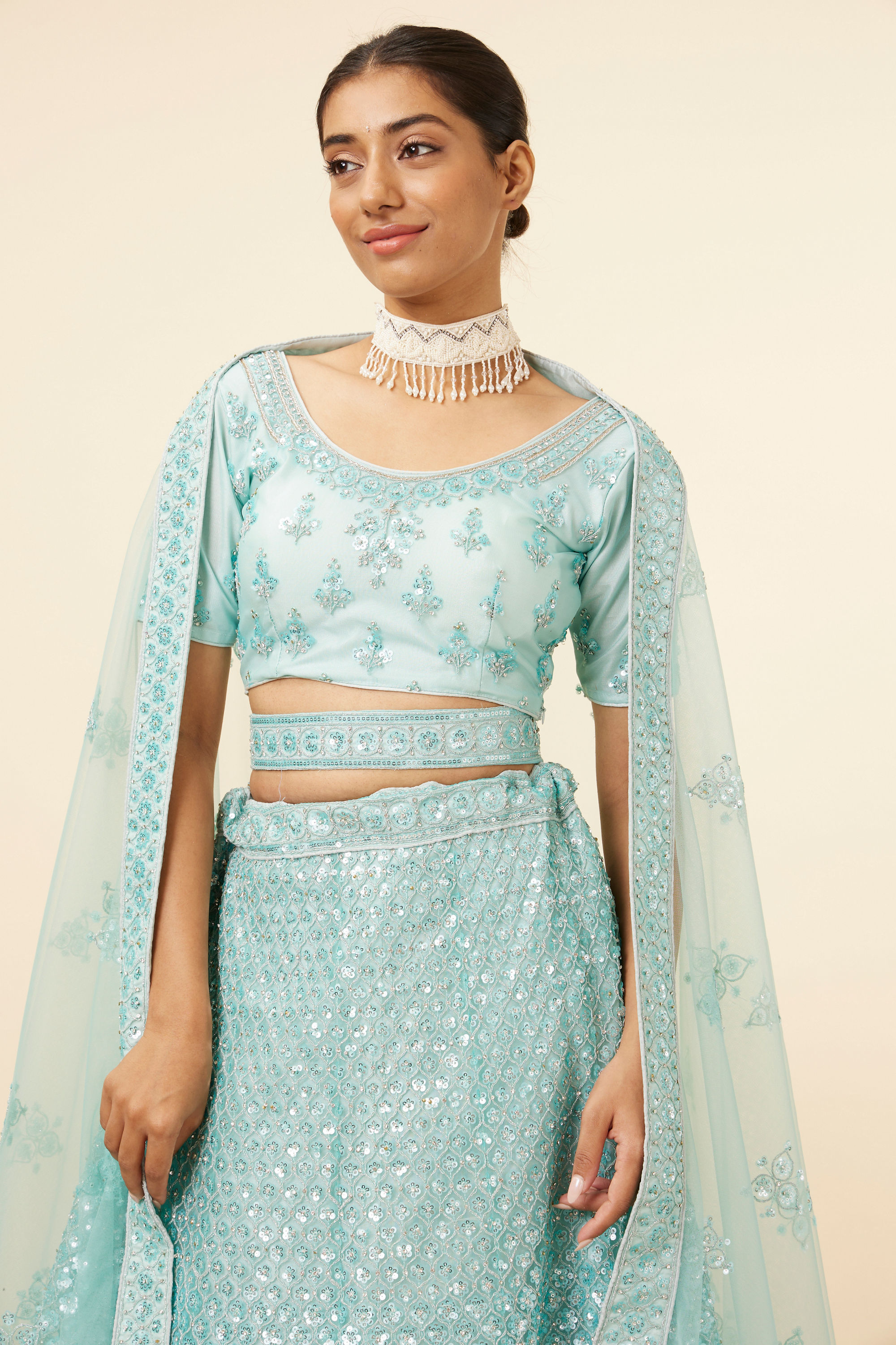 Mohey Women Light Blue Embellished Lehenga