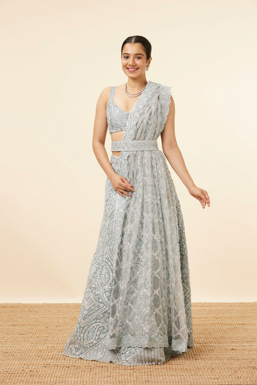 Mohey Women Light Blue Stone Embellished Bridal Lehenga