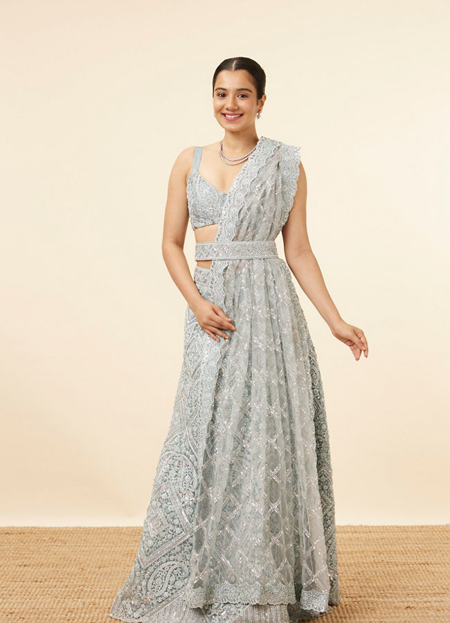 Mohey Women Light Blue Stone Embellished Bridal Lehenga