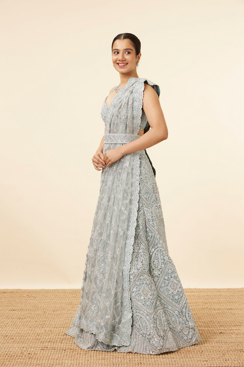 Mohey Women Light Blue Stone Embellished Bridal Lehenga