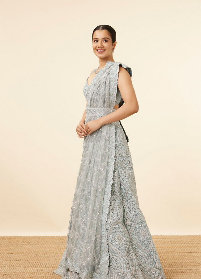 Mohey Women Light Blue Stone Embellished Bridal Lehenga