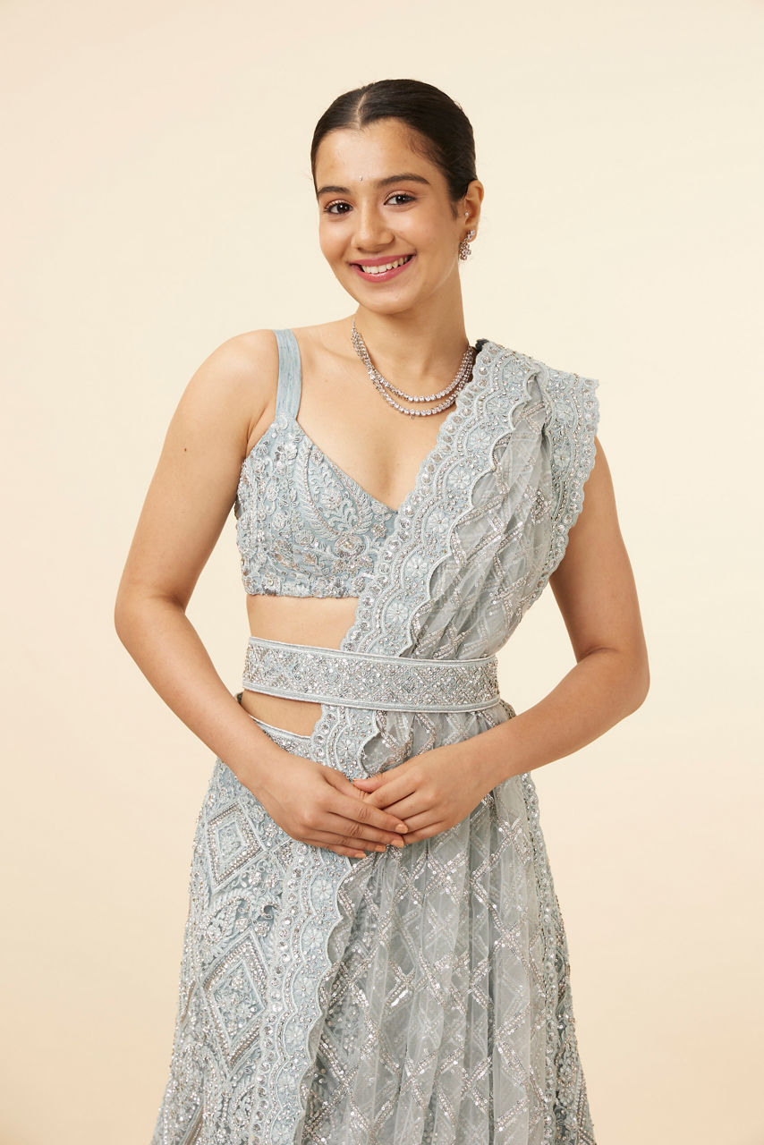 Mohey Women Light Blue Stone Embellished Bridal Lehenga