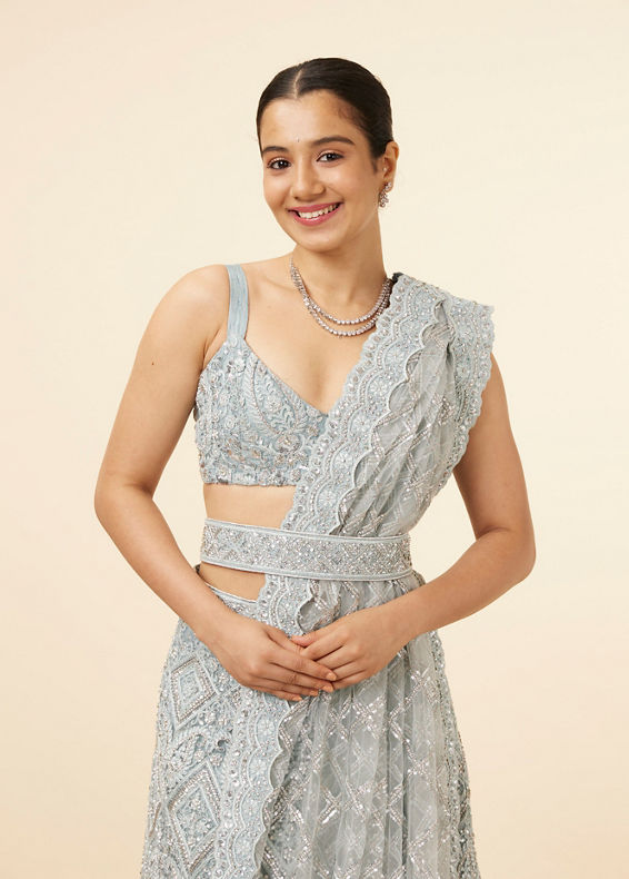 Mohey Women Light Blue Stone Embellished Bridal Lehenga