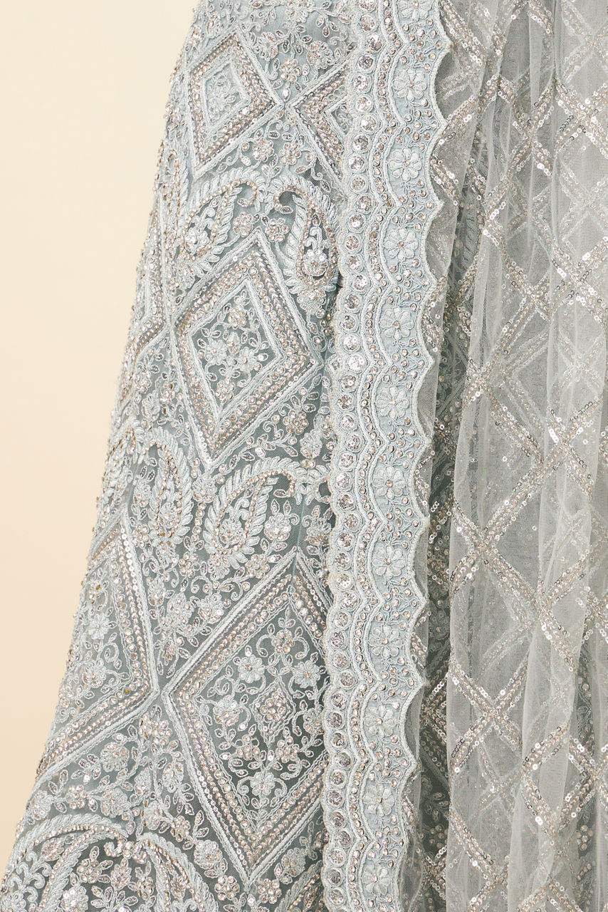 Mohey Women Light Blue Stone Embellished Bridal Lehenga