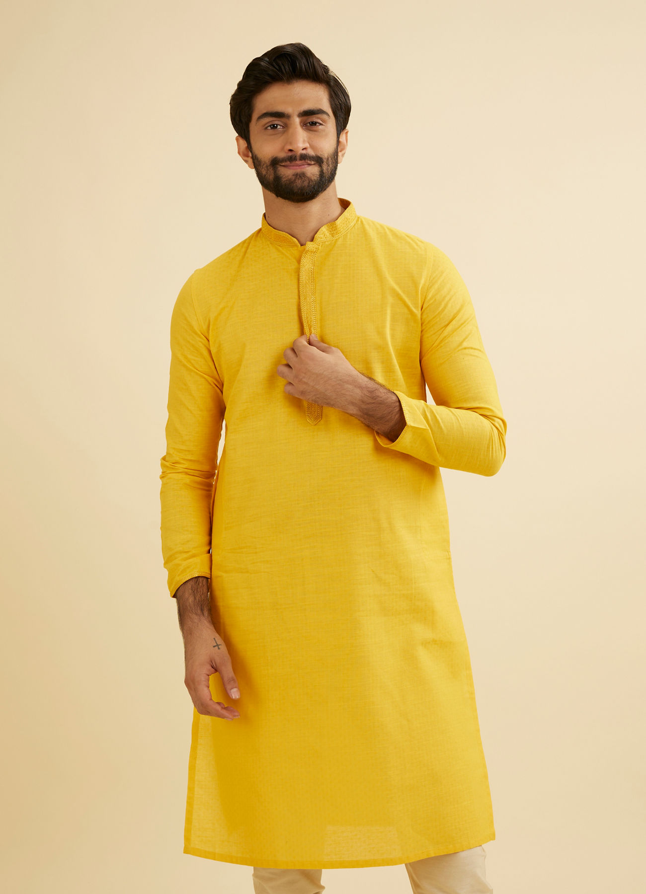 Manyavar Men Canary Yellow Solid Kurta Set