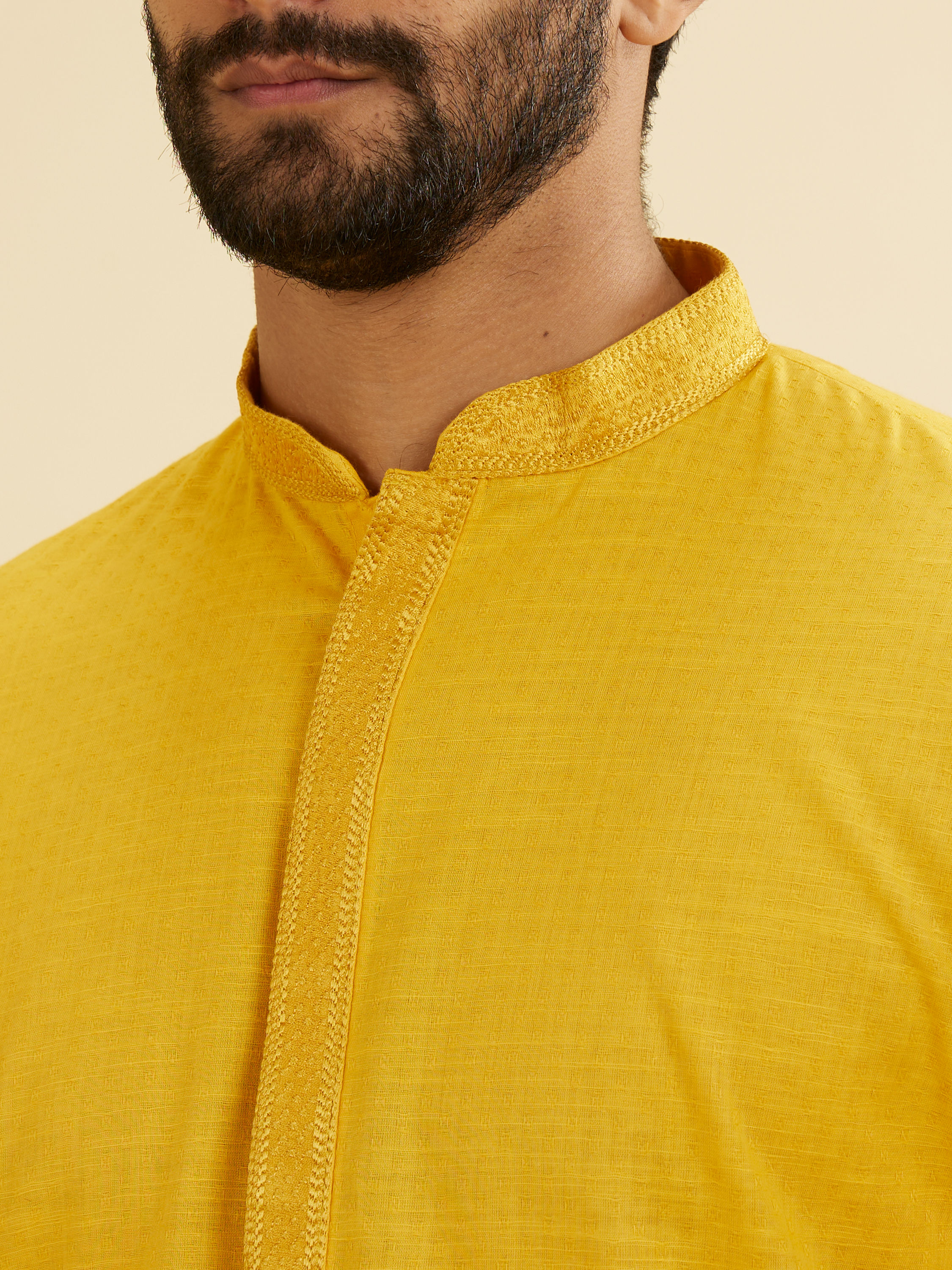 Manyavar Men Canary Yellow Solid Kurta Set