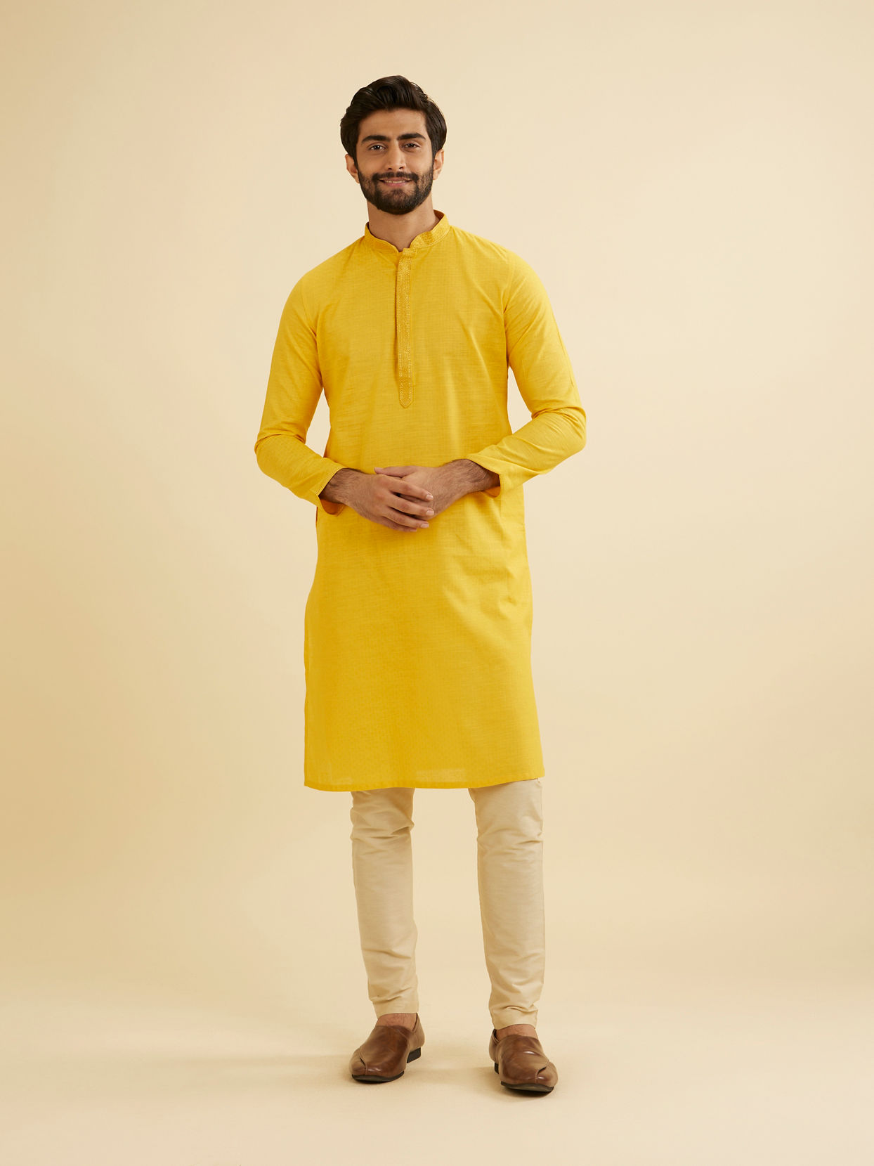 Manyavar Men Canary Yellow Solid Kurta Set