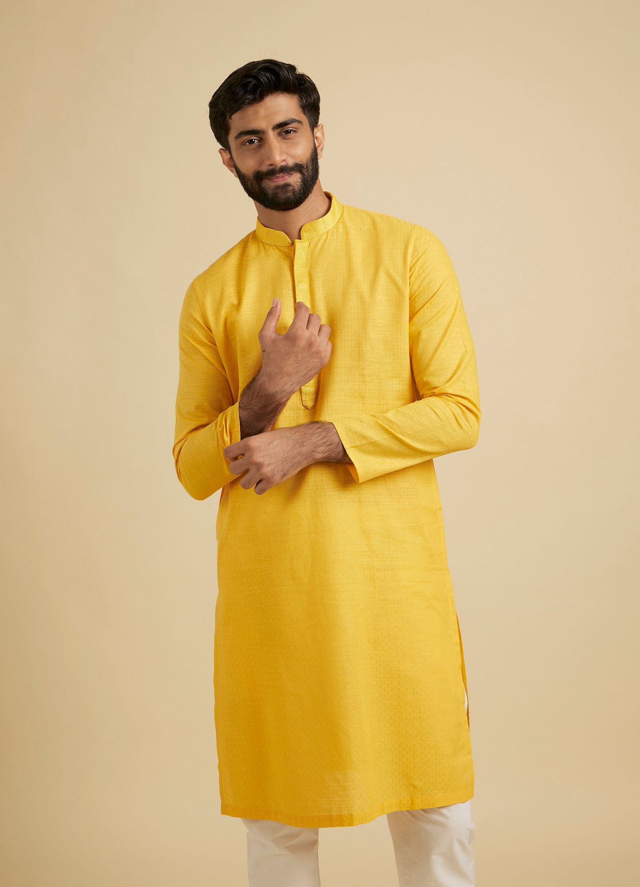 Manyavar Men Yellow Self Design Kurta Pajama