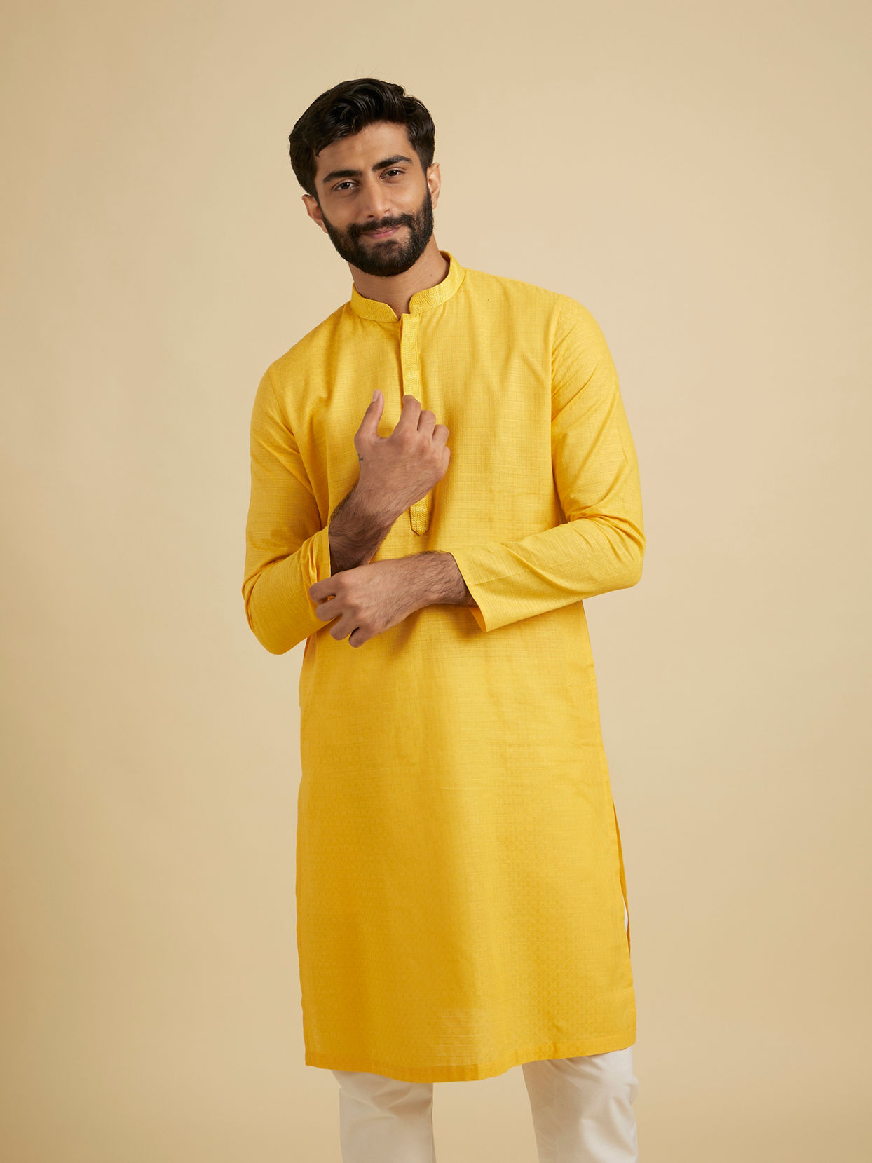 Manyavar Men Yellow Self Design Kurta Pajama image number 0