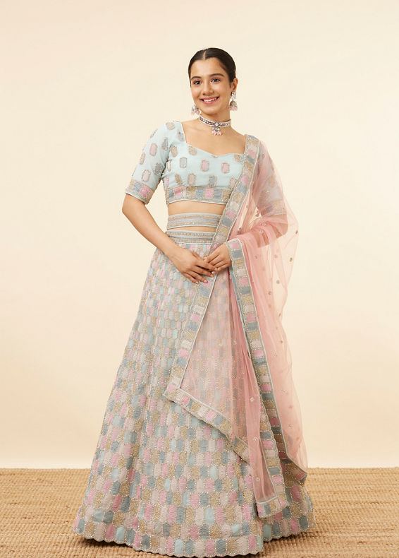 Mohey Women Sea Green Honeycomb Patterned Lehenga