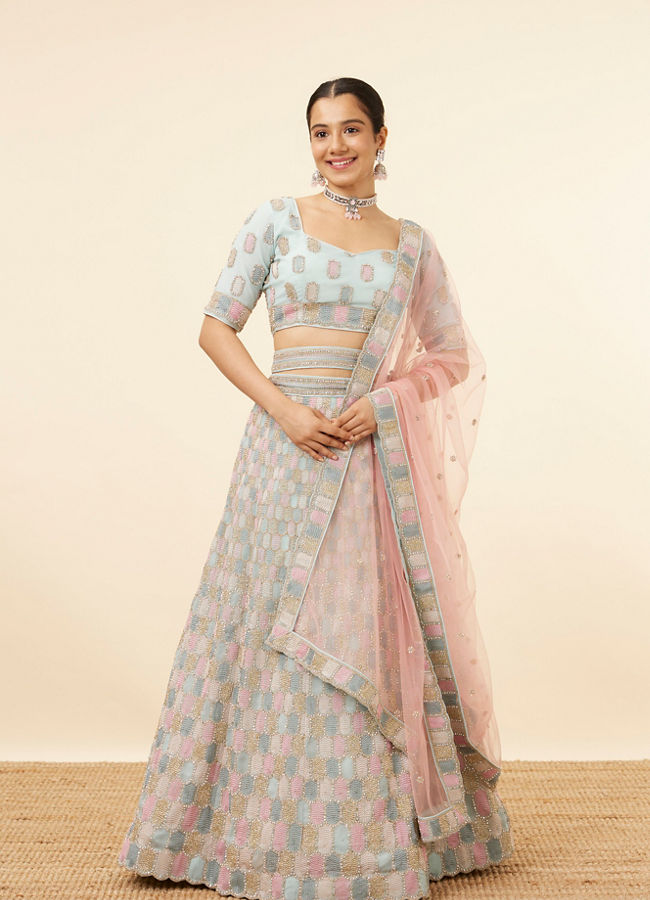 alt message - Mohey Women Sea Green Honeycomb Patterned Lehenga image number 0