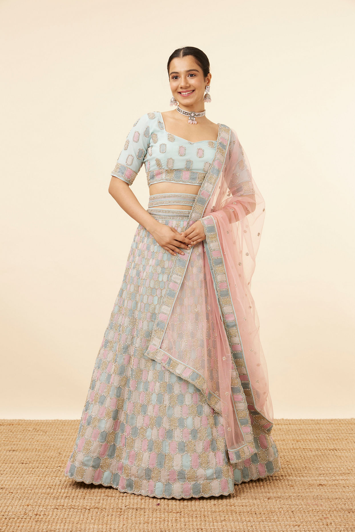 alt message - Mohey Women Sea Green Honeycomb Patterned Lehenga image number 0