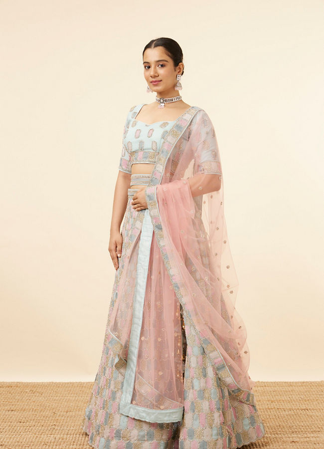 Mohey Women Sea Green Honeycomb Patterned Lehenga