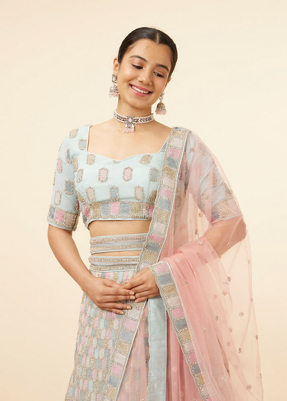 Mohey Women Sea Green Honeycomb Patterned Lehenga
