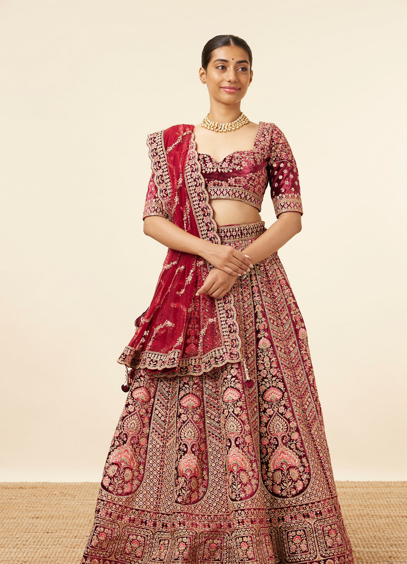 Mohey Women Maroon Embellished Bridal Lehenga