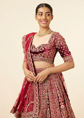 Mohey Women Maroon Embellished Bridal Lehenga