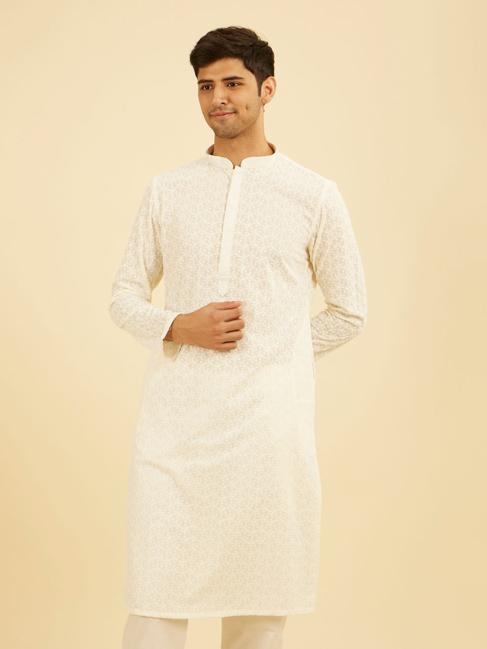 Manyavar Men Off White Thread Embroidered Kurta Set