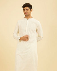 Manyavar Men Off White Thread Embroidered Kurta Set