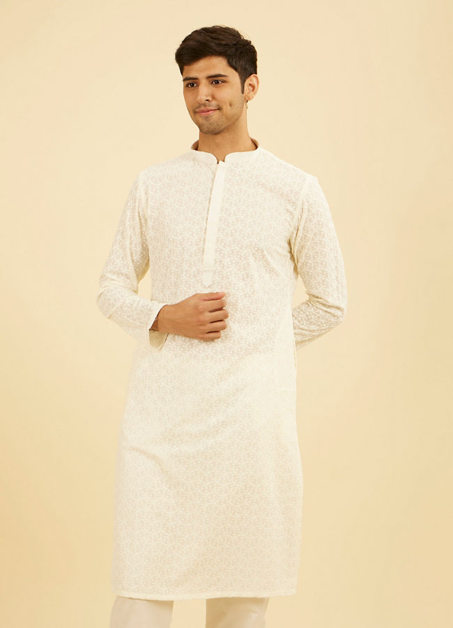 Manyavar Men Off White Thread Embroidered Kurta Set