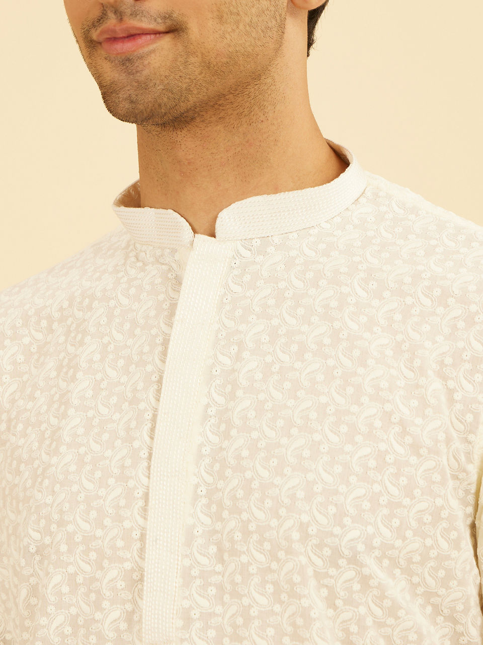 Manyavar Men Off White Thread Embroidered Kurta Set