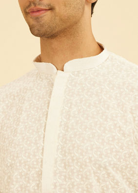 Manyavar Men Off White Thread Embroidered Kurta Set