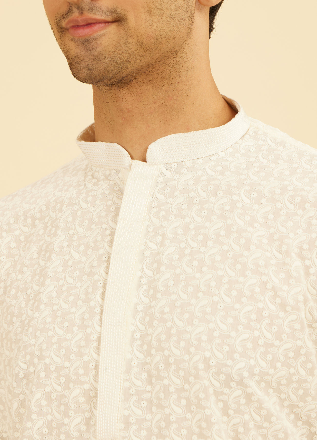Manyavar Men Off White Thread Embroidered Kurta Set