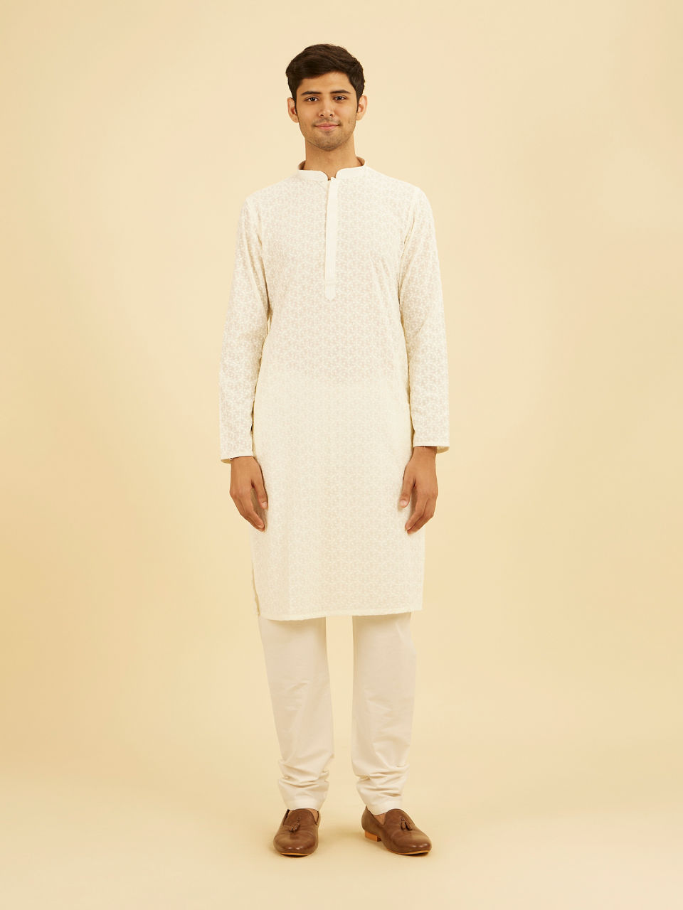 Manyavar Men Off White Thread Embroidered Kurta Set