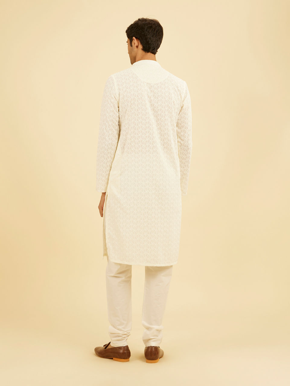 Manyavar Men Off White Thread Embroidered Kurta Set