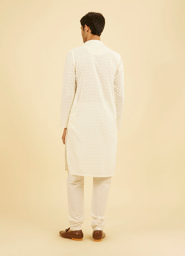 Manyavar Men Off White Thread Embroidered Kurta Set