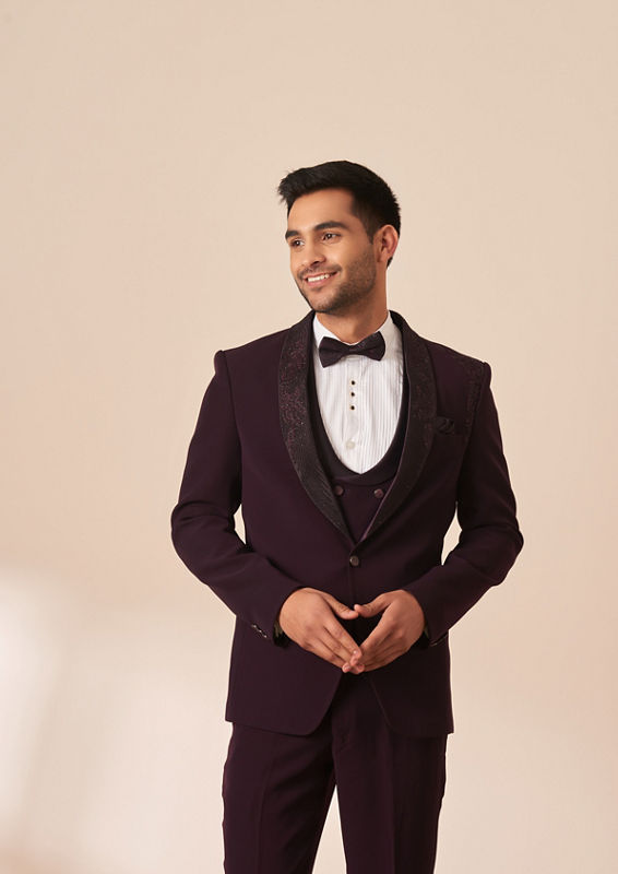 Twamev Men Dark Maroon Suit Set