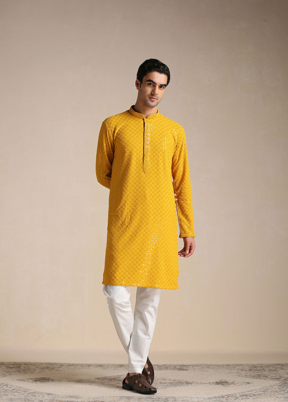 Manyavar Men Light Orange Chikankari Kurta Set