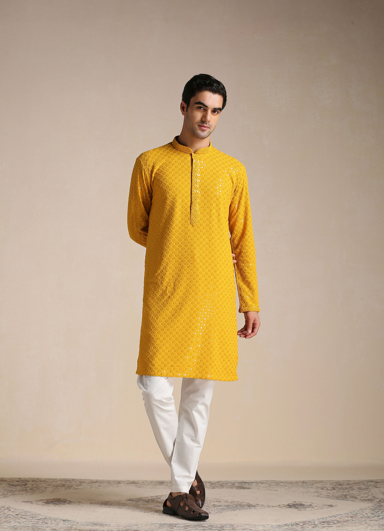 Manyavar Men Light Orange Chikankari Kurta Set